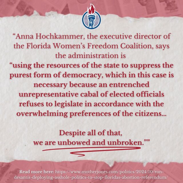 “Despite all of that, we are unbowed and unbroken” - @annahoch #YesOn4 

Read more here: https://www.motherjones.com/politics/2024/10/ron-desantis-deploying-asshole-politics-to-stop-floridas-abortion-referendum/