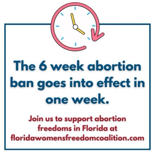 The 6-week abortion ban goes into effect in Florida on May 1st, 1 week from today. 📆 To find out how you can support abortion freedoms in Florida, head to the link in bio. 

#abortionontheballot #florida #florida2024 #abortion #miami #abortionaccess #reproductiverights #abortionishealthcare #abortion #healthcare #freedom #democrat #republican #miamidade #petitions #feminist #womenshealth #floridawomen #freedom #floridapolitics #election #data #dobbs #roe #floridawomensfreedomcoalition #fwfc #petitioncollection #floridasupremecourt