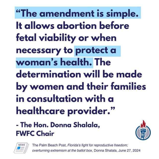 FWFC Chair Donna Shalala in the Palm Beach Post. 📰 

Read it here: https://www.palmbeachpost.com/story/opinion/columns/2024/06/27/take-back-your-abortion-rights-by-voting-for-florida-amendment/74207951007/

#YesOn4