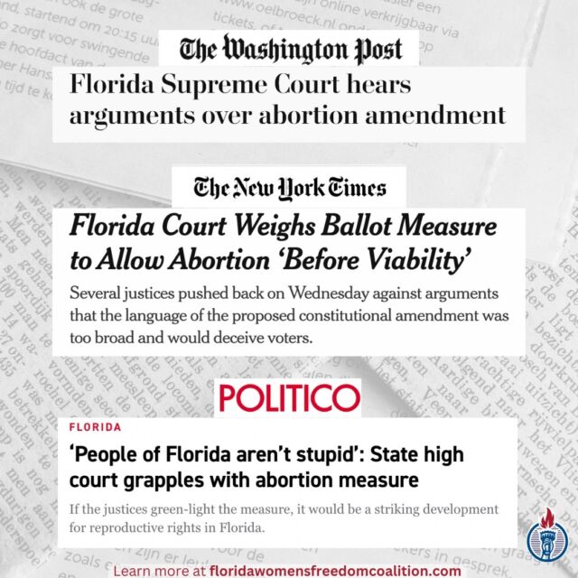 Top headlines after Supreme Court oral arguments yesterday. Floridians want to vote on their abortion freedoms!

#abortionontheballot #florida #florida2024 #abortion #miami #abortionaccess #reproductiverights #abortionishealthcare #abortion #healthcare #freedom #democrat #republican #miamidade #petitions #feminist #womenshealth #floridawomen #freedom #floridapolitics #election #data #dobbs #roe #floridawomensfreedomcoalition #fwfc #petitioncollection #floridasupremecourt